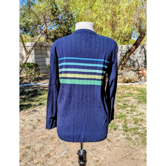 VTG Adolfo Navy Striped Lamb's Wool/Acrylic Cardigan Sweater Button-Up EUC - Picture 4 of 6